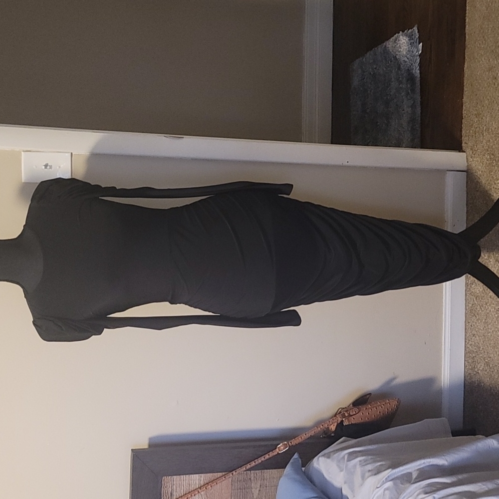 Black ankle length dress fitted  long sleeve Size M RUCHED ON SIDES